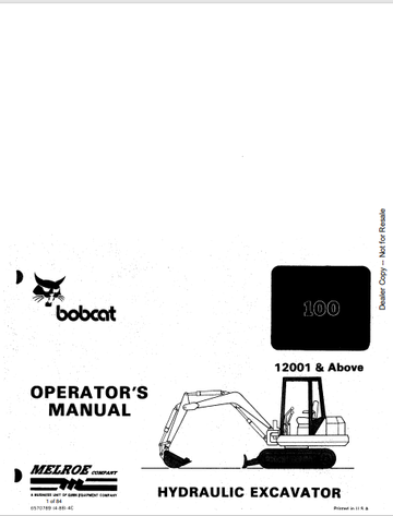 BOBCAT 100 HYDRAULIC EXCAVATOR OPERATION'S MANUAL (6570789) - PDF FILE