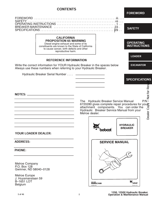BOBCAT 1250, 1250X HYDRAULIC BREAKER (6570732) OPERATION AND MAINTENANCE MANUAL PDF FILE