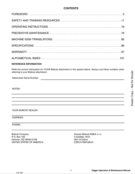 BOBCAT 12S, 12, 16, 25, 30,36 DIGGER (6900948ENUS) OPERATION & MAINTENANCE MANUAL PDF FILE