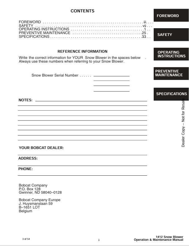 BOBCAT 1412 SNOW BLOWER (6901171) OPERATION AND MAINTENANCE MANUAL PDF FILE