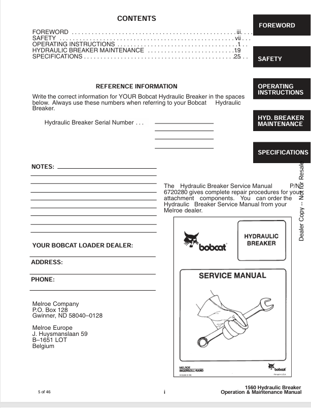 BOBCAT 1560 HYDRAULIC BREAKER (6724074) OPERATION AND MAINTENANCE MANUAL PDF FILE