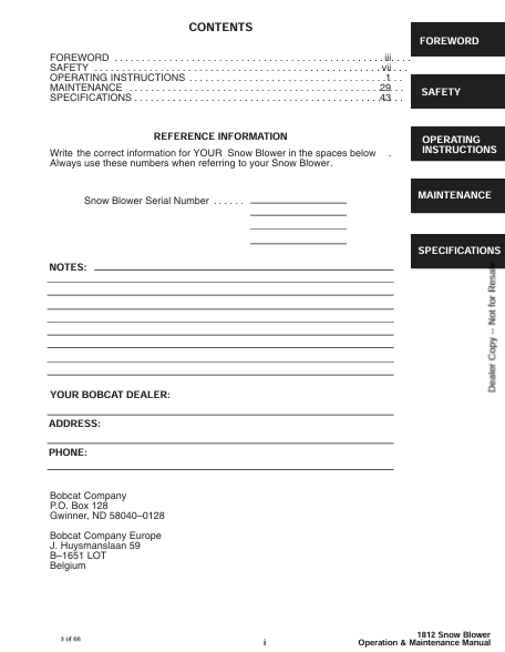 BOBCAT 1812 SNOW BLOWER (6901168) OPERATION AND MAINTENANCE MANUAL PDF FILE