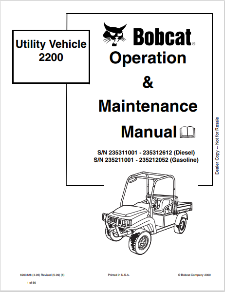 BOBCAT 2100 UTILITY VEHICLE OPERATION & MAINTENANCE MANUAL (6903128) - PDF FILE