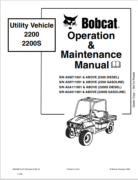 BOBCAT 2200, 2200S UTILITY VEHICLE OPERATION & MAINTENANCE MANUAL (6904895) - PDF FILE