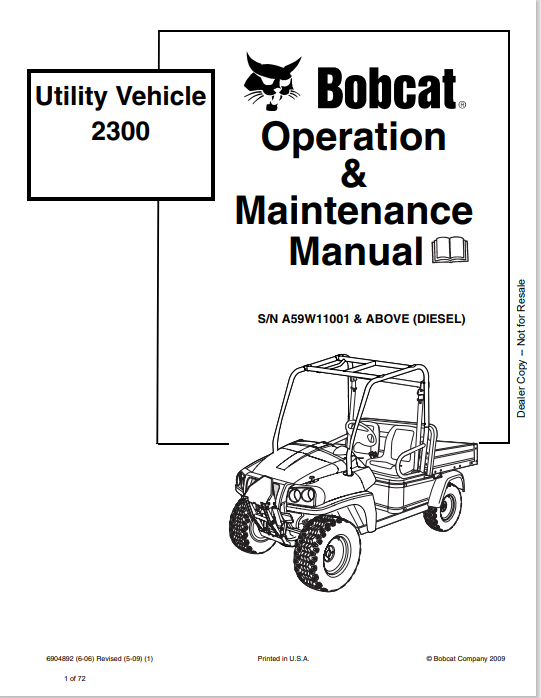 BOBCAT 2300 UTILITY VEHICLE OPERATION & MAINTENANCE MANUAL (6904892) - PDF FILE