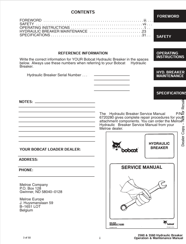 BOBCAT 2560, 3560 HYDRAULIC BREAKER (6722591) OPERATION AND MAINTENANCE MANUAL PDF FILE