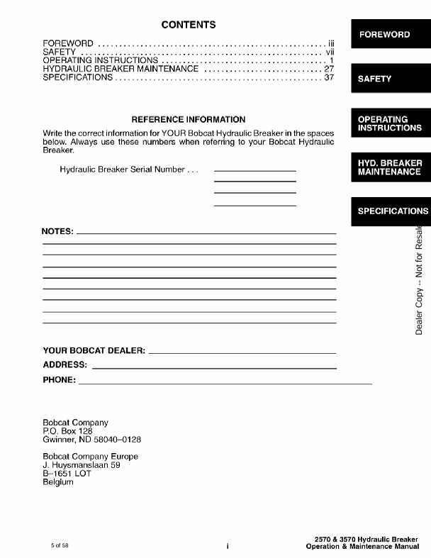 BOBCAT 2570, 3570 HYDRAULIC BREAKER (6900525) OPERATION AND MAINTENANCE MANUAL PDF FILE
