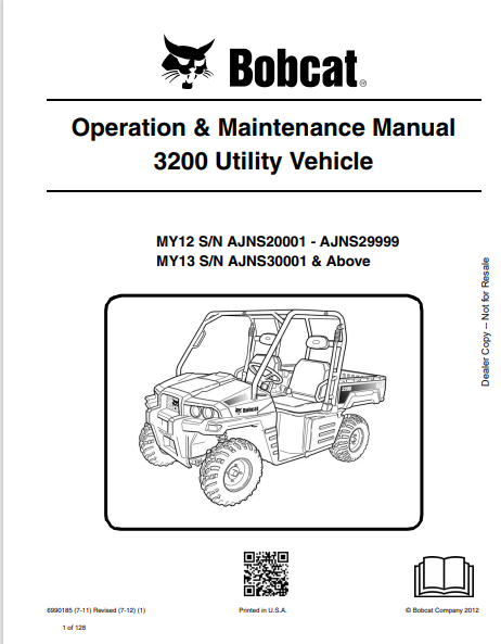 BOBCAT 3200 UTILITY VEHICLE OPERATION & MAINTENANCE MANUAL (6990185) - PDF FILE