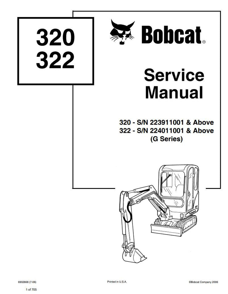 BOBCAT 320, 322, 320G, 322G MINI EXCAVATOR SERVICE MANUAL 223911001 - PDF FILE