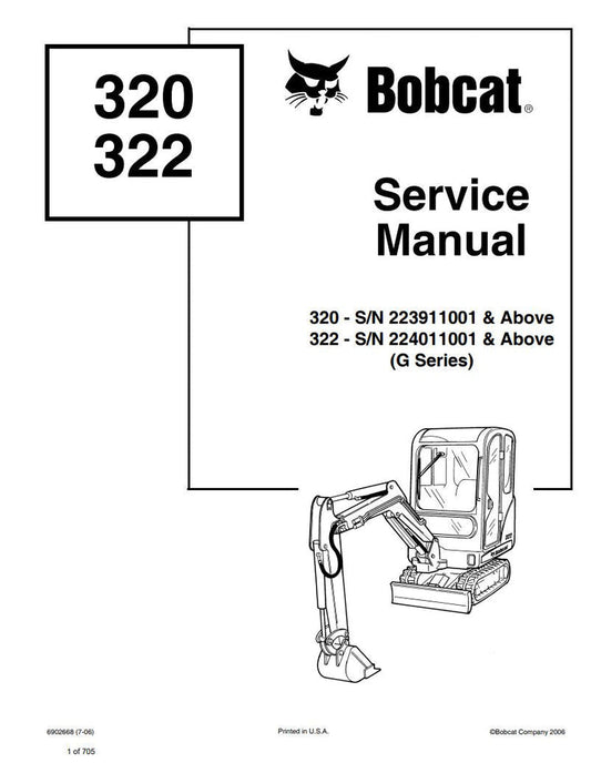 BOBCAT 320, 322, 320G, 322G MINI EXCAVATOR SERVICE MANUAL 223911001 - PDF FILE