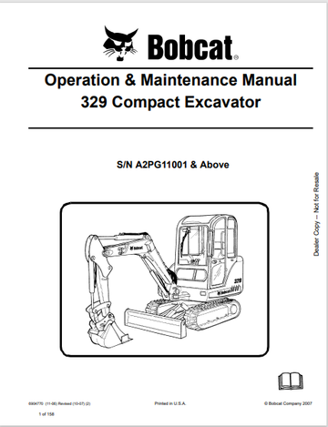 BOBCAT 329 COMPACT EXCAVATOR OPERATION & MAINTENANCE MANUAL (6904770) - PDF FILE