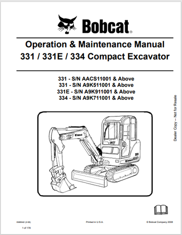 BOBCAT 331 / 331E / 334 COMPACT EXCAVATOR OPERATION & MAINTENANCE MANUAL (6986942) - PDF FILE