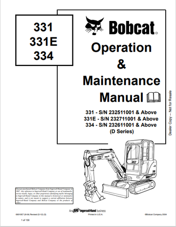 BOBCAT 331, 331E, 334 OPERATION & MAINTENANCE MANUAL (6901957) - PDF FILE