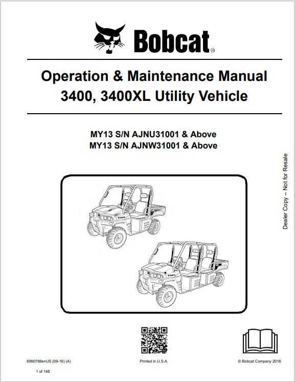 BOBCAT 3400, 3400XL UTILITY VEHICAL OPERATION & MAINTENANCE MANUAL (6990766) - PDF FILE