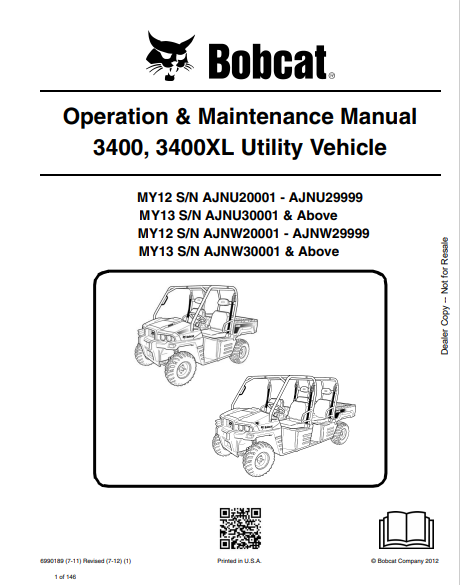 BOBCAT 3400, 3400XL UTILITY VEHICLE OPERATION & MAINTENANCE MANUAL (6990189) - PDF FILE