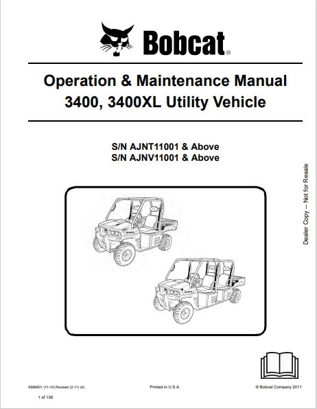 BOBCAT 3400, 3400XL UTILITY VEHICLE OPERATION & MAINTENANCE MANUAL (6989601) - PDF FILE