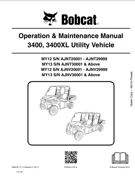 BOBCAT 3400, 3400XL UTILITY VEHICLE OPERATION & MAINTENANCE MANUAL (6990187) - PDF FILE