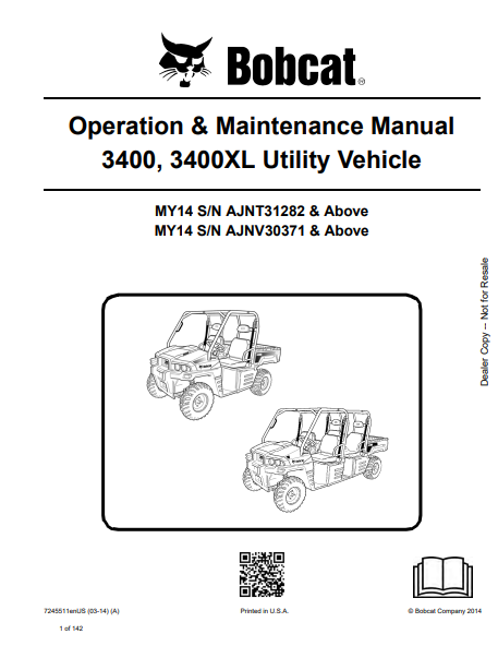 BOBCAT 3400, 3400XL UTILITY VEHICLE OPERATION & MAINTENANCE MANUAL (7245511) - PDF FILE