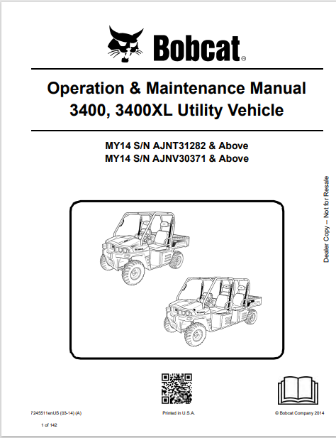 BOBCAT 3400, 3400XL UTILITY VEHICLE OPERATION & MAINTENANCE MANUAL (7245511) - PDF FILE