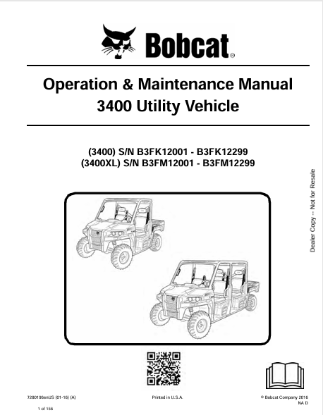 BOBCAT 3400, 3400XL UTILITY VEHICLE OPERATION & MAINTENANCE MANUAL (7280196) - PDF FILE