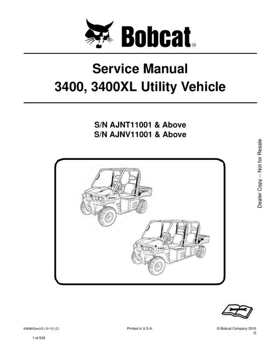 Bobcat 3400 3400XL Utility Vehicle Service Information 6989602 (10-15)