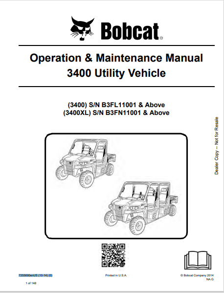 BOBCAT 3400, 3400XL UTILITY VEHICLE OPERATION & MAINTENANCE MANUAL (7255690) - PDF FILE