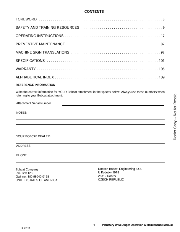 BOBCAT 35PH, 50PH PLANETARY DRIVE AUGER (6990868) OPERATION AND MAINTENANCE MANUAL PDF FILE