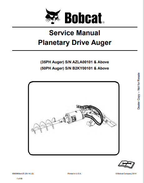 BOBCAT 35PH AUGER, 50PH AUGER PLANETARY DRIVE AUGER SERVICE MANUAL (6990869) - PDF FILE