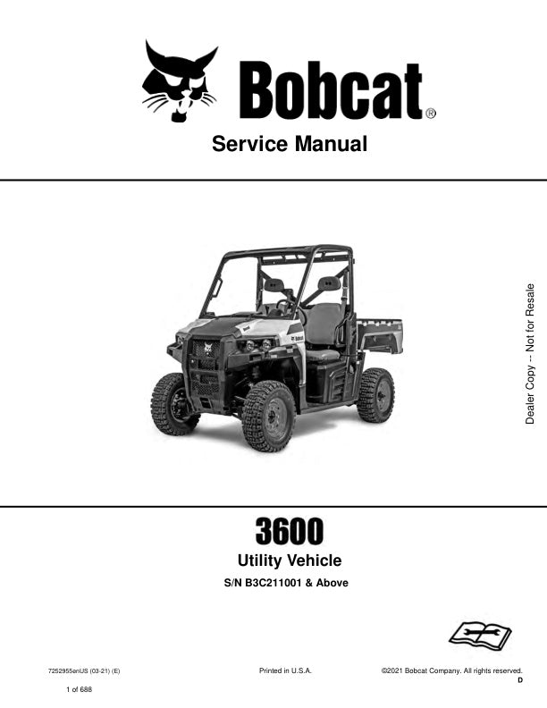 BOBCAT 3600 B3C211001 & UP Utility Vehicle Service Manual 7252955 PDF
