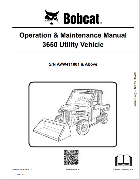 BOBCAT 3650 UTILITY VEHICLE OPERATION & MAINTENANCE MANUAL (6990366) - PDF FILE