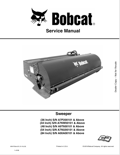 BOBCAT 36 INCH, 44 INCH, 48 INCH, 54 INCH, 84 INCH SWEEPER SERVICE MANUAL (6904756) - PDF FILE