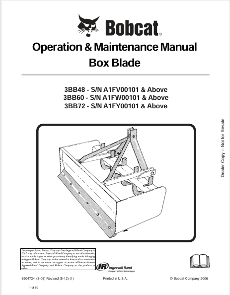 BOBCAT 3BB48, 3BB60, 3BB72 BOX BLADE OPERATION & MAINTENANCE MANUAL (6904724) - PDF FILE
