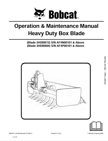 BOBCAT 3HDBB72, 3HDBB84 HEAVY DUTY BOX BLADE OPERATION & MAINTENANCE MANUAL (6987241) - PDF FILE