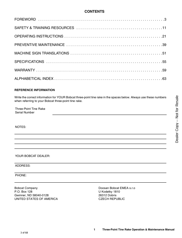 BOBCAT 3PT RAKE (7383793ENUS) OPERATION & MAINTENANCE MANUAL PDF DOWNLOAD