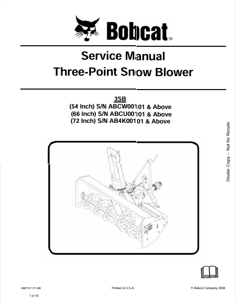 BOBCAT 3SB, 54 INCH, 66 INCH, 72 INCH THREE-POINT SNOW BLOWER SERVICE MANUAL (6989401) - PDF FILE