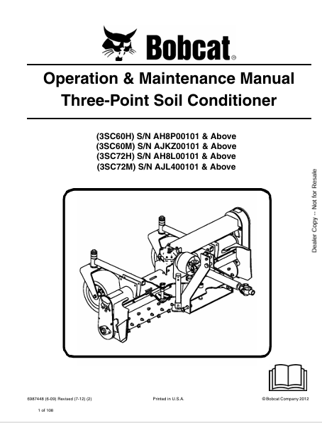 BOBCAT 3SC60H, 3SC60M, 3SC72H, 3SC72M THREE-POINT SOIL CONDITIONER OPERATION & MAINTENANCE MANUAL (6987448) - PDF FILE