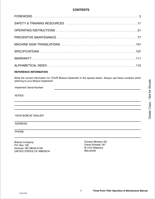 BOBCAT THREE-POINT TILLER 3TLR48, 3TLR60, 3TLR72 (6990356) OPERATION AND MAINTENANCE MANUAL PDF FILE