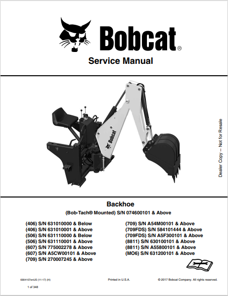 BOBCAT 406, 506, 607, 709, 709FDS, 8811, MO6 BACKHOE SERVICE MANUAL (6904107) - PDF FILE