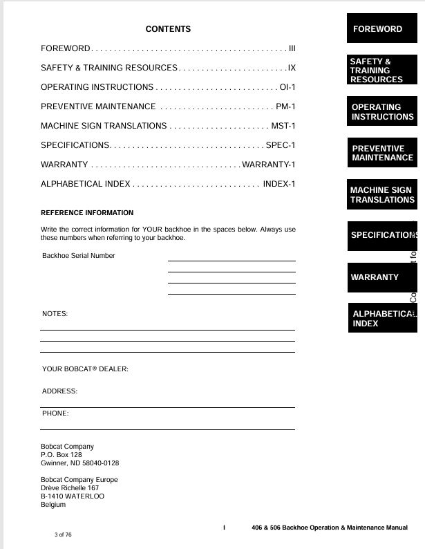 BOBCAT 406, 506 BACKHOE (6901229) OPERATION AND MAINTENANCE MANUAL PDF FILE