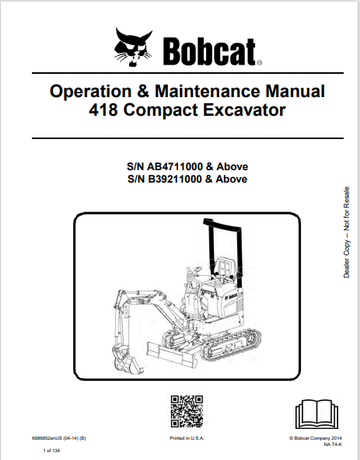 BOBCAT 418 COMPACT EXCAVATOR OPERATION & MAINTENANCE MANUAL (6986852) - PDF FILE