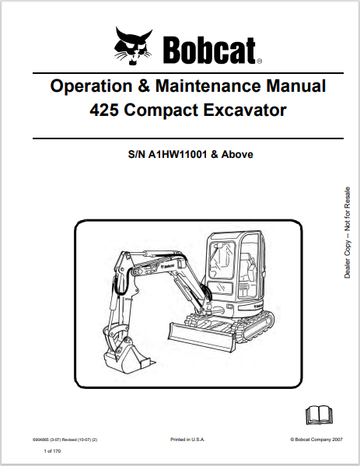 BOBCAT 425 COMPACT EXCAVATOR OPERATION & MAINTENANCE MANUAL (6904865) - PDF FILE