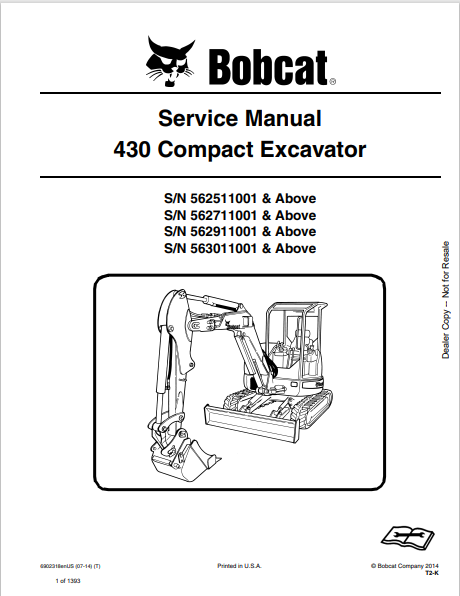 BOBCAT 430 COMPACT EXCAVATOR SERVICE MANUAL (6902318) - PDF FILE