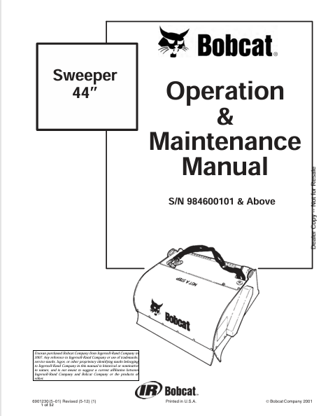 BOBCAT 44” SWEEPER OPERATION & MAINTENANCE MANUAL (6901230) - PDF FILE