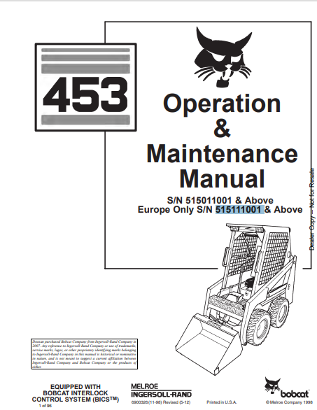 BOBCAT 453 OPERATION & MAINTENANCE MANUAL (6900326) - PDF FILE