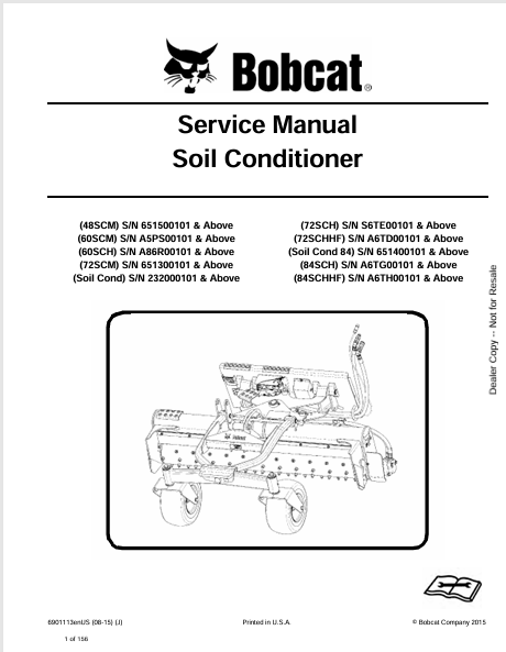 Bobcat 48SCM to 84SCHHF Soil Conditioner Service Repair Manual PDF 6901113