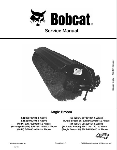 BOBCAT 48 IN, 68 ANGLE BROOM, 68 IN, 68 ANGLE BROOM, 84 ANGLE BROOM SERVICE MANUAL (6900895) - PDF FILE