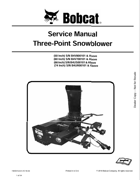 BOBCAT 50 INCH, 60 INCH, 66 INCH, 74 INCH THREE-POINT SNOWBLOWER SERVICE MANUAL (7384037) - PDF FILE