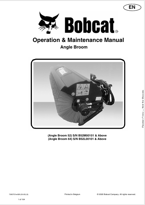 BOBCAT 52, 64 ANGLE BROOM OPERATION & MAINTENANCE MANUAL (7395757) - PDF FILE