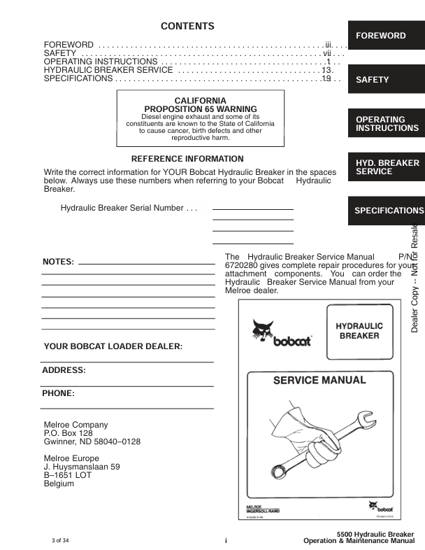 BOBCAT 5500 HYDRAULIC BREAKER (6570206) OPERATION AND MAINTENANCE MANUAL PDF FILE