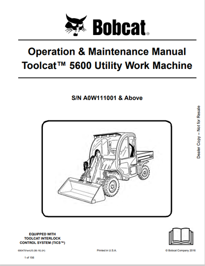 BOBCAT 5600 TOOLCAT UTILITY WORK MACHINE OPERATION & MAINTENANCE MANUAL (6904791) - PDF FILE